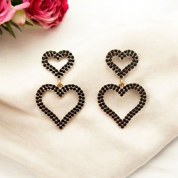 Black Rhinestone Double Heart Gold Tone Dangle Earrings - Picture 1 of 2